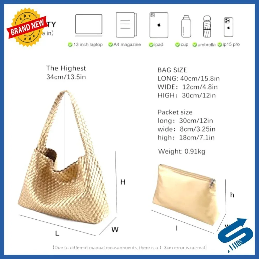 Vegan Leather Woven Tote Bag Large Shoulder Handbag Elegant Minimal Chic